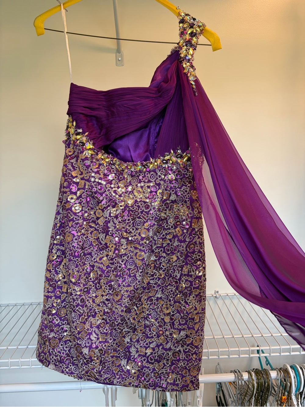 Mac Duggal One-Shoulder Purple and Gold Sequin Cocktail Dress - Picture 5 of 8